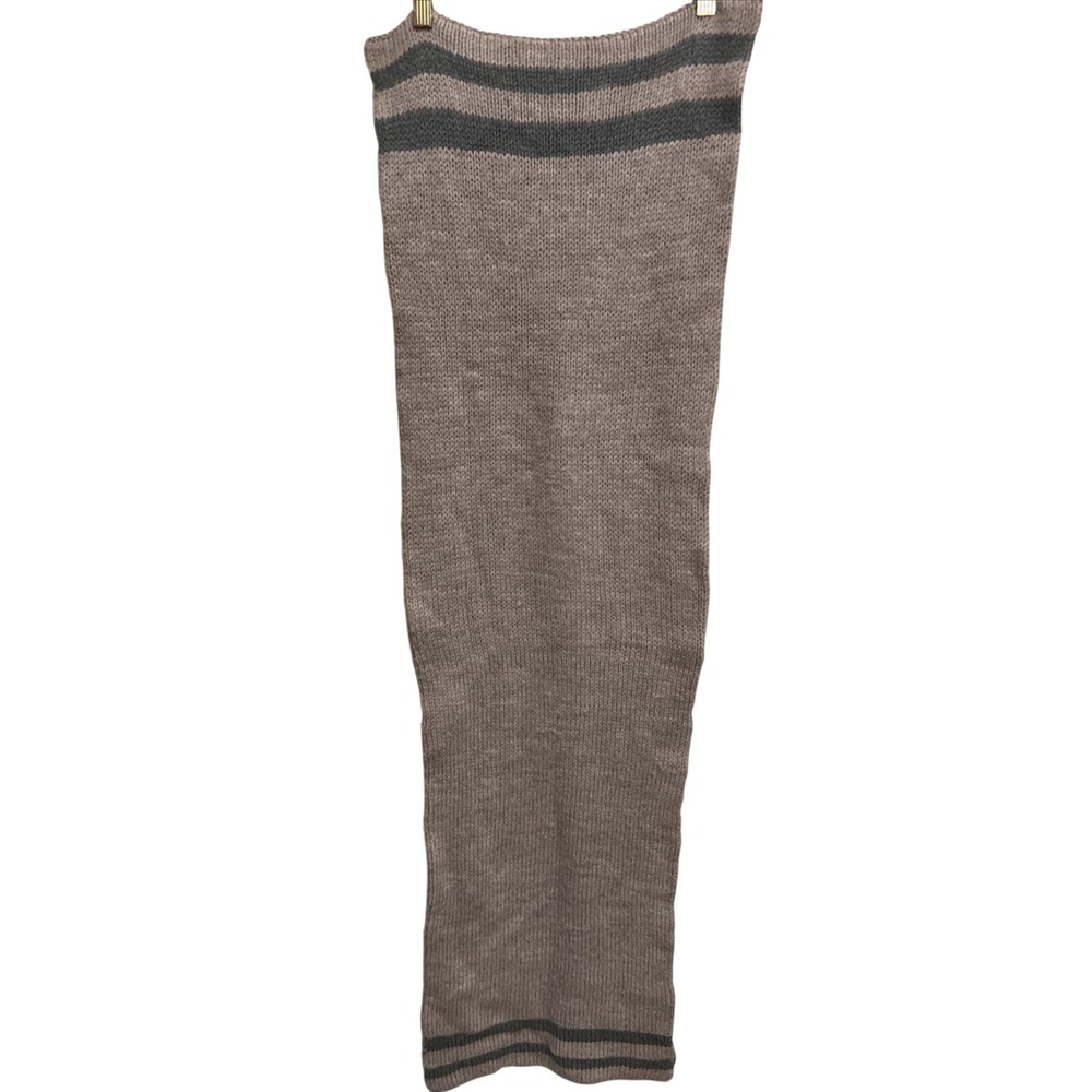 Vintage Wide Wool Scarf Handmade Tan‎ with Gray Stripes Neck Warmer Double Layer
